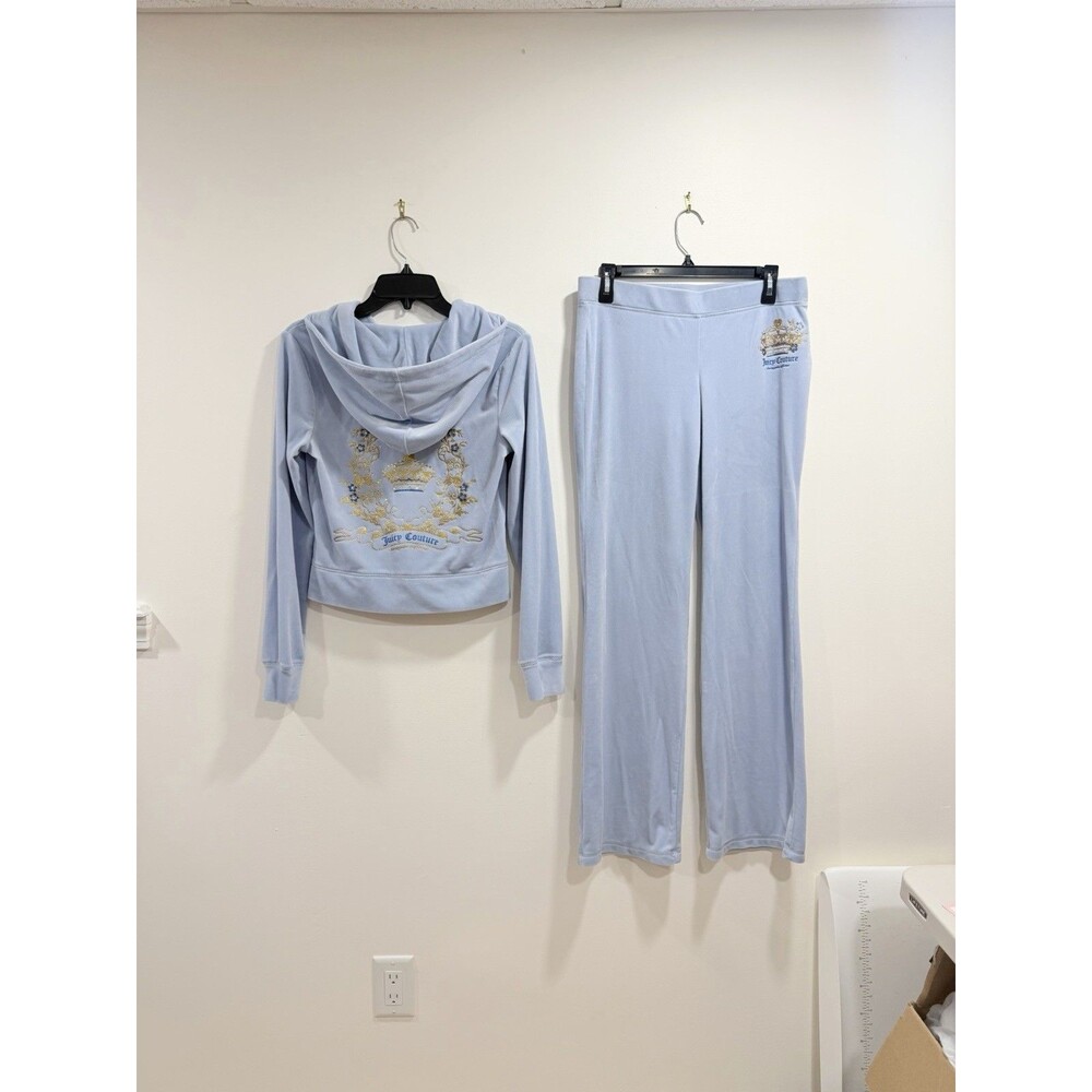 Juicy Couture Breezy Blue Velour Tracksuit Set M Crown Embroidered NWT